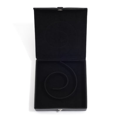 An open black medium jewelry box with a spiral groove inside, designed to hold a pearl coil necklace